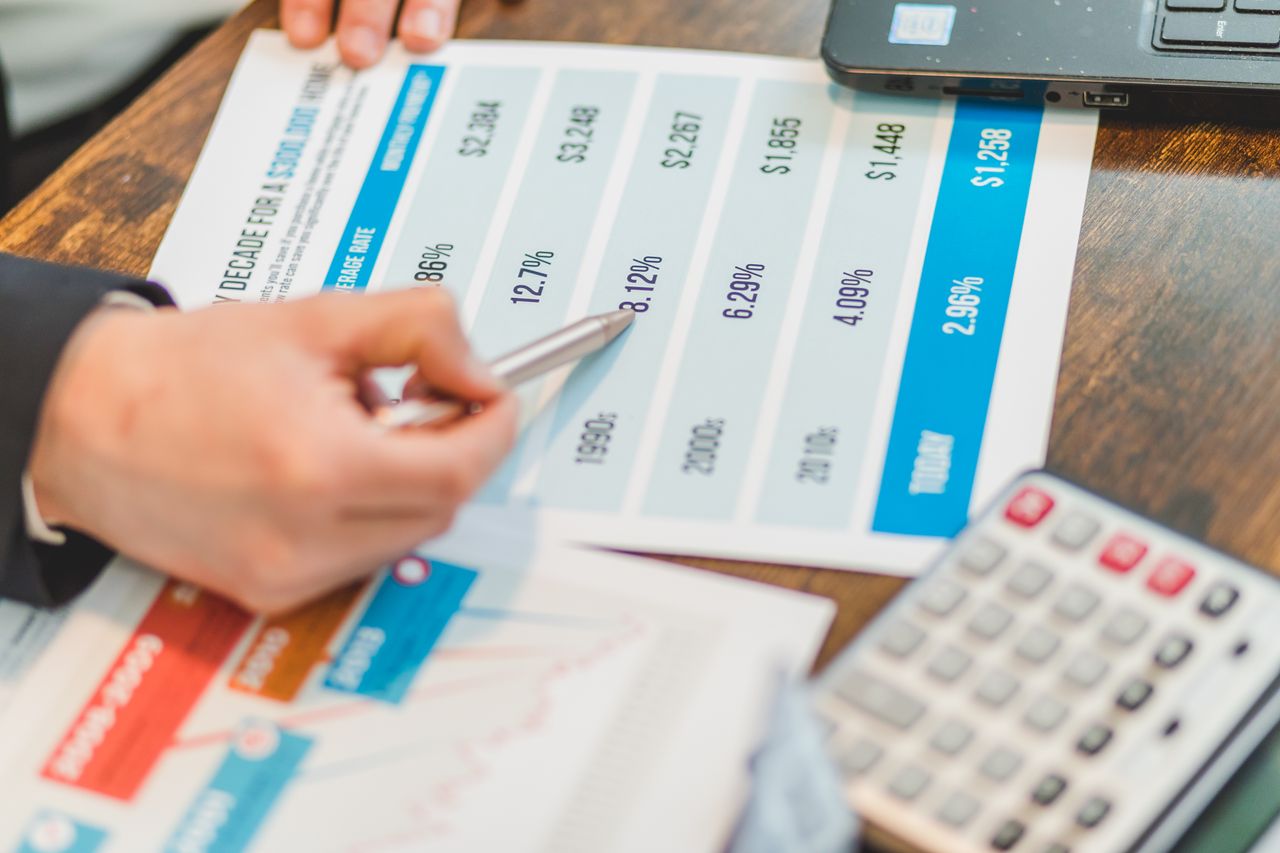 contact-img Close-up of financial documents with charts and a calculator used for business analysis.